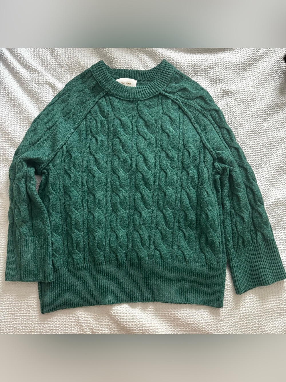 Oversized Pink Rose Emerald Green Cable Crewneck Sweater
